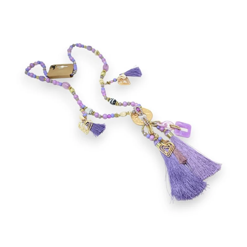 Lilac fantasy sautoir necklace with golden medallion and charms