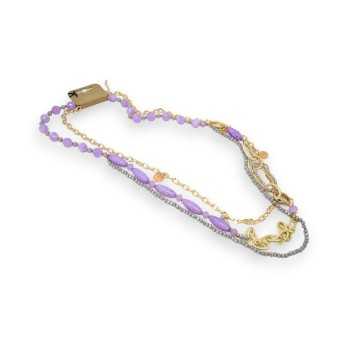 Golden and lilac multi-row fancy long necklace