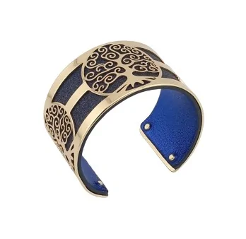 Gold-plated Tree of Life Cuff Bracelet with Dark Blue Sparkly and Plain Shiny Dark Blue Leather