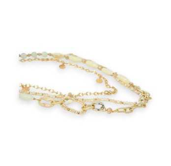 Long multi-strand novelty necklace in gold and beige