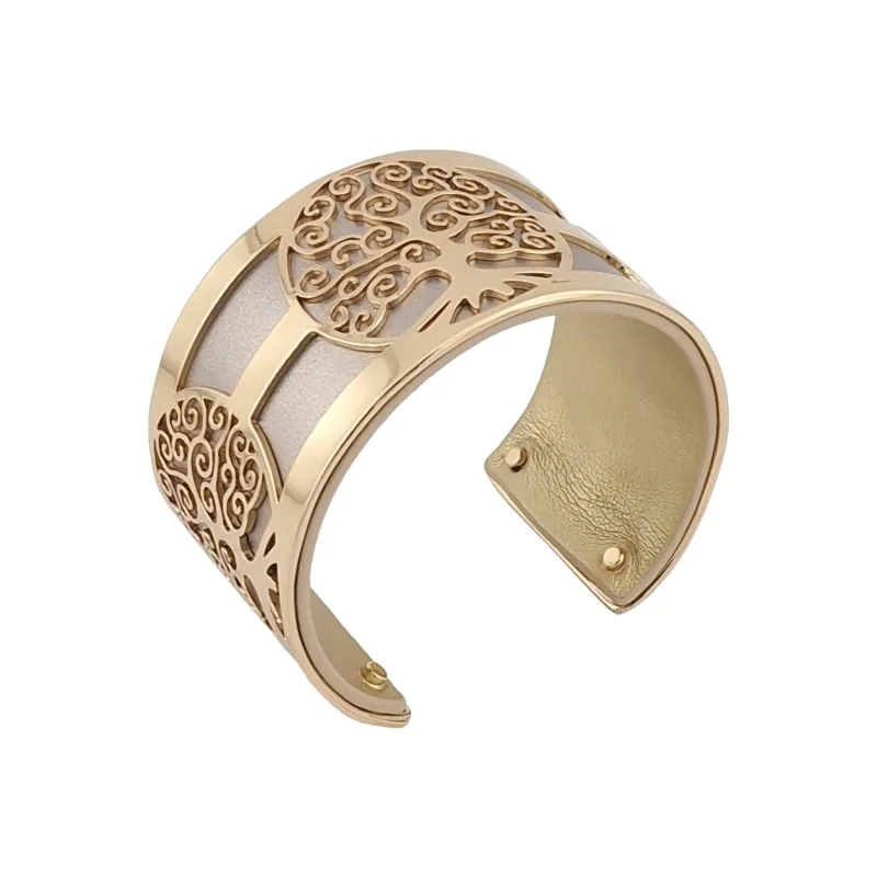 Golden Tree of Life Cuff Bracelet with Silver and Gold Solid Simulated Leather