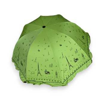 Manueller, romantischer Falt-Schirm mit Rüschen und Eiffelturm in Anisgrün