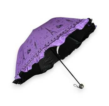 Manueller romantischer faltender Regenschirm mit violetten Eiffelturm-Volants