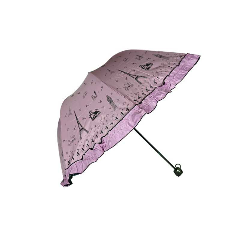 Parapluie pliant manuel romantique volants tour Eiffel rose