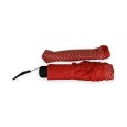 Rotes manuelles Faltregenschirm mit weißen Tupfen und Rüschen