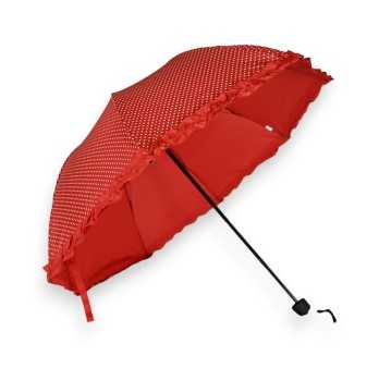 Red manual folding umbrella with white polka dots frill