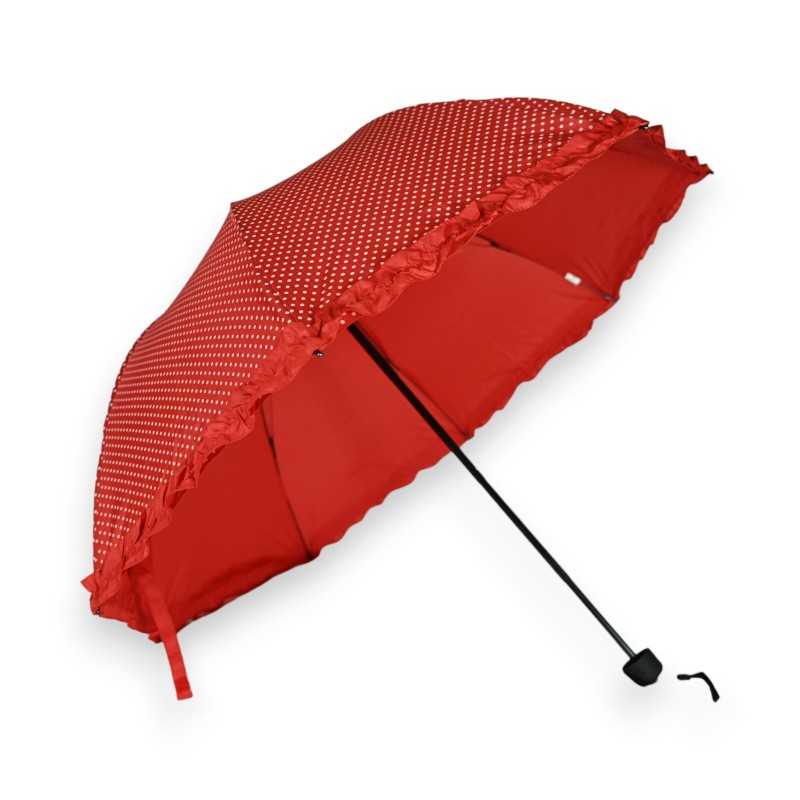 Rotes manuelles Faltregenschirm mit weißen Tupfen und Rüschen