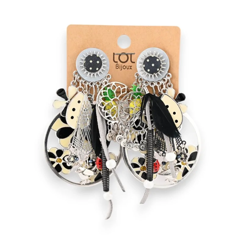 Boucles d'oreilles clip printemps fleurs noir et blanc