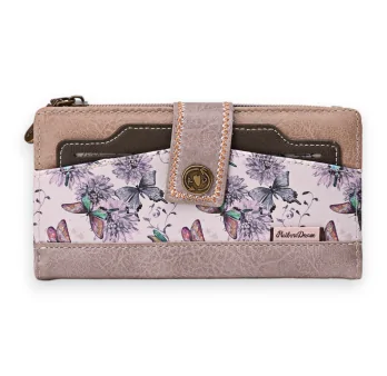 Portefeuille féminin vieux rose à motif floral, fermeture à bouton, poche avant cont... Portefeuille féminin vieux rose à motif floral, fermeture à bouton, poche avant cont...