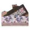 Portefeuille féminin motif floral, papillons et fille voyageuse, tons roses et marron
