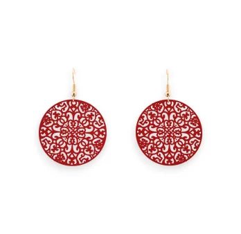 Round Earrings in Matte Red with Lace Effect