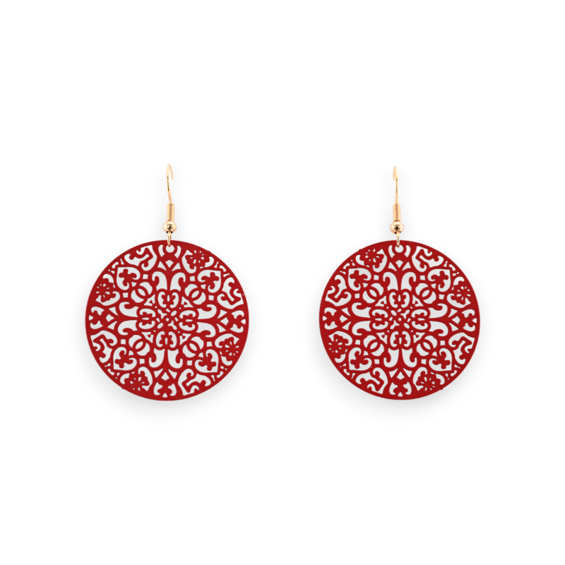 Matte Red Round Lace Effect Earrings