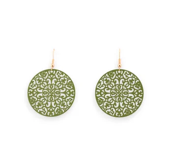 Round Earrings in Matte Green with Lace Effect