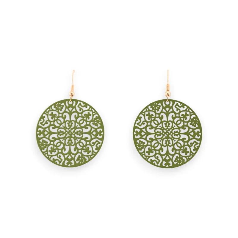 Round Earrings in Matte Green with Lace Effect