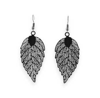 Black lace metallic leaf earrings