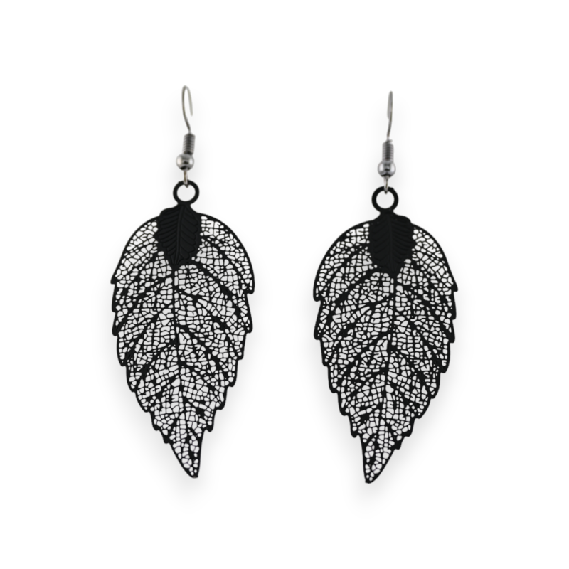 Black lace metallic leaf earrings