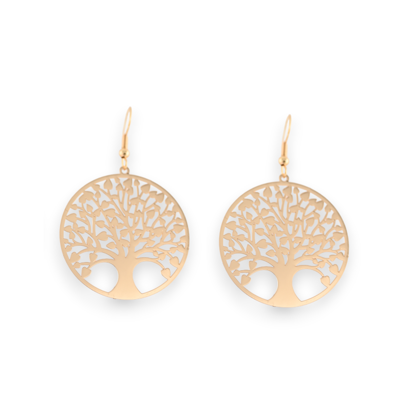 Gold metal earrings with tree of life design