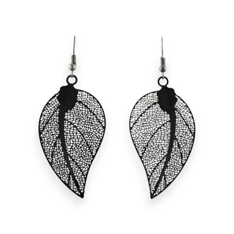 Black metal leaf motif earrings