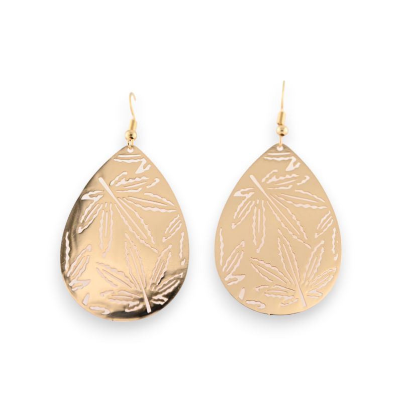 Gold-plated metal earrings with cannabis leaf pattern