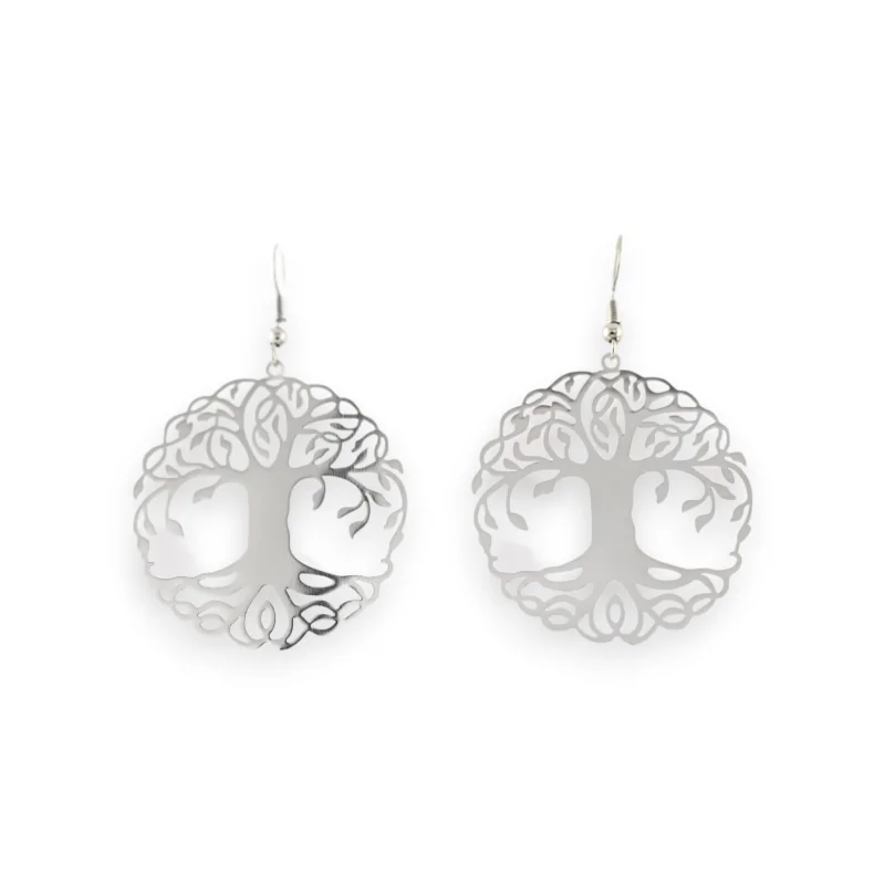 Silver-plated metal earrings with tree of life design