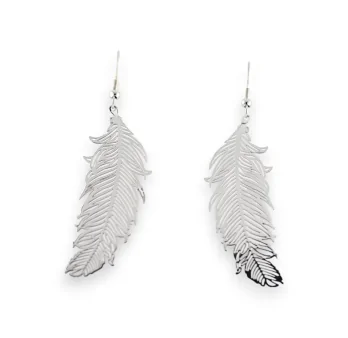 Silver metal earrings with feather design