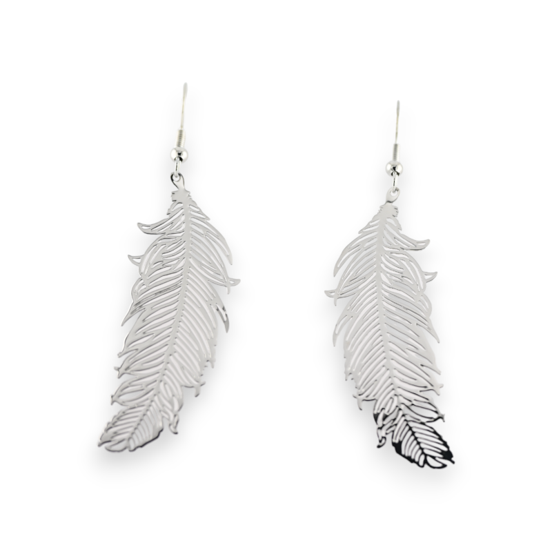 Silver-plated metal earrings with feather motif