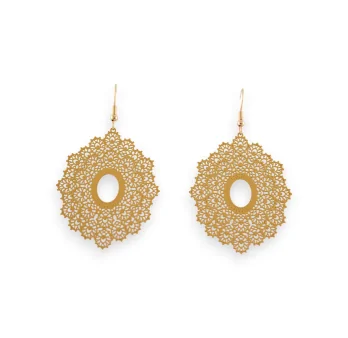 Metal earrings in mustard color with oval lace pattern