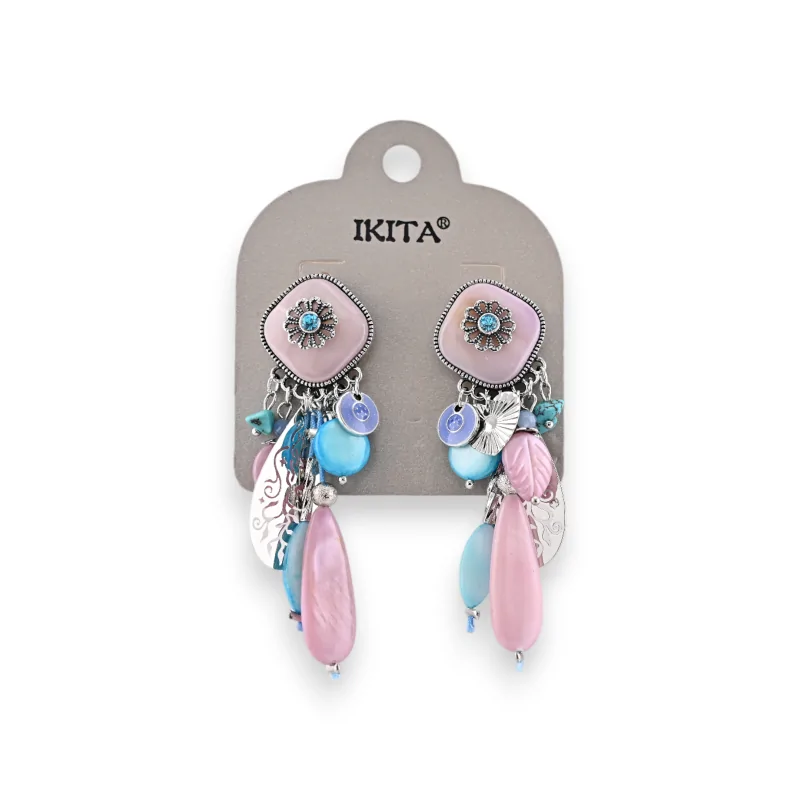 Metal clip earrings in pink and blue by Ikita