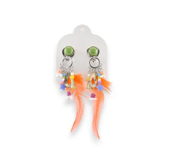 Multicolored metal clip-on earrings with feathers by Ikita