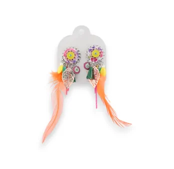 Multicolored metal clip earrings with feathers by Ikita