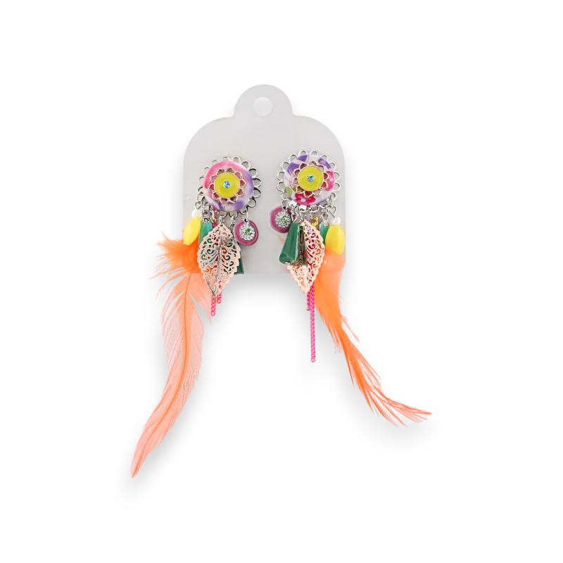 Boucles d'oreilles clip en métal multicolores avec plumes Ikita