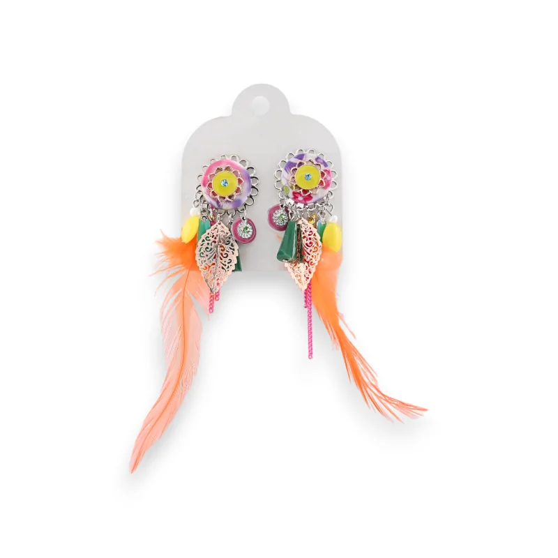 Multicolored metal clip earrings with feathers by Ikita