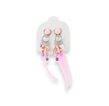 Metal multicolored clip-on earrings with pink feathers by Ikita