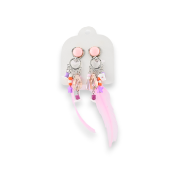 Multicolored metal clip-on earrings with pink feathers from Ikita