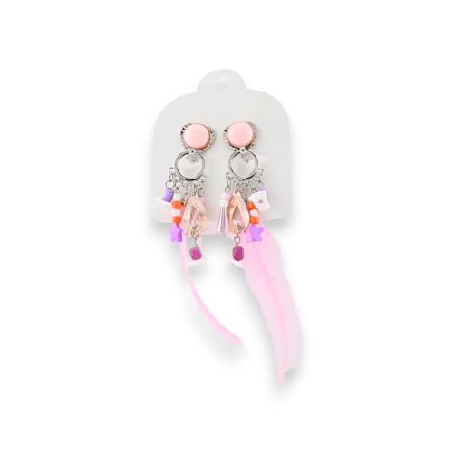 Pendientes de clip multicolores en metal con plumas rosas de Ikita