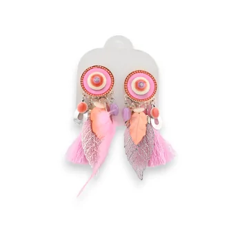 Clip-on earrings in pink and orange metal with feathers by Ikita