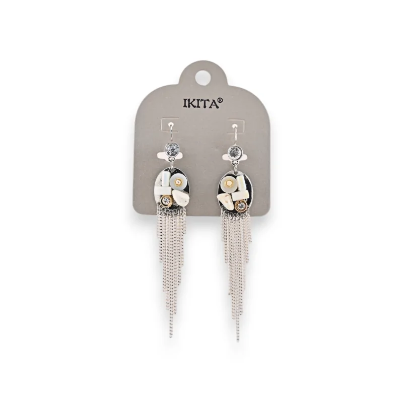 Silver-tone metal earrings with white chain by Ikita