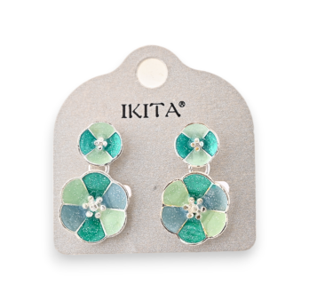 Boucles d'oreilles métal argenté fleurs nuances vertes marque Ikita