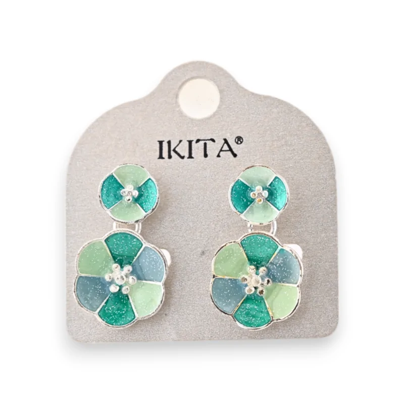 Silver metal earrings with green floral design by Ikita