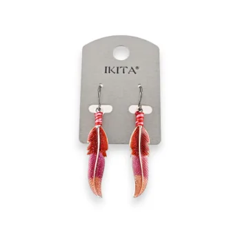 Silver metal earrings with red and pink feather by Ikita