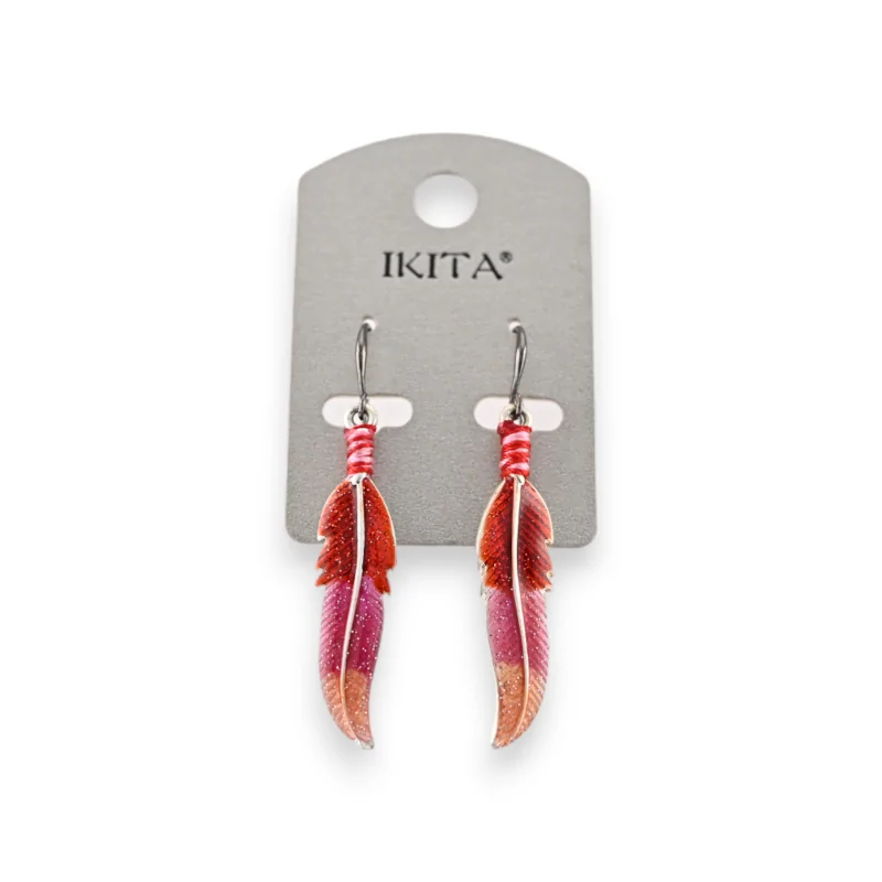 Silver metal earrings with red and pink feather by Ikita