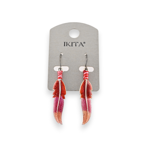 Silver metal earrings with red and pink feather by Ikita brand