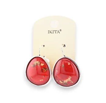 Silver metal earrings with red flakes and golden leaves by Ikita