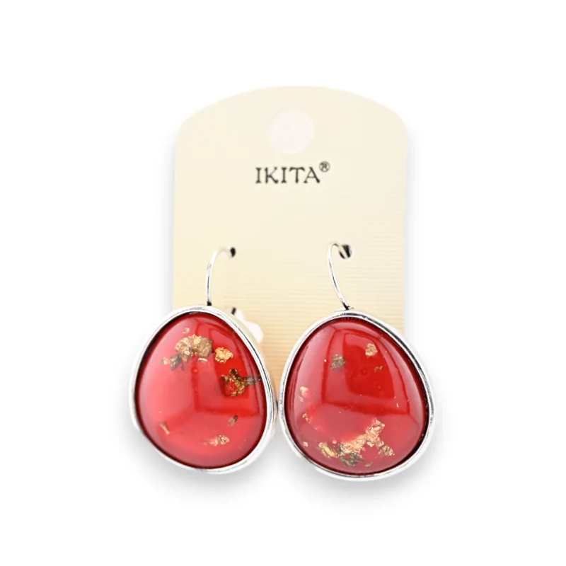 Silver metal earrings with red flakes and golden leaves by Ikita