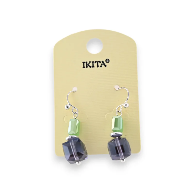 Pendientes de metal plateado con cubos verdes y morados marca Ikita