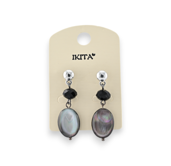Boucles d'oreilles métal argenté avec perles noires et nacre marque Ikita