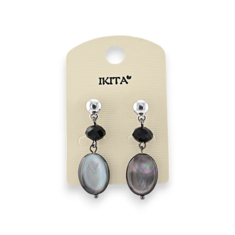 Silver metal earrings with black pearls and mother-of-pearl by Ikita