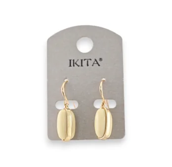 Gold metal earrings with oval beige medallion by Ikita