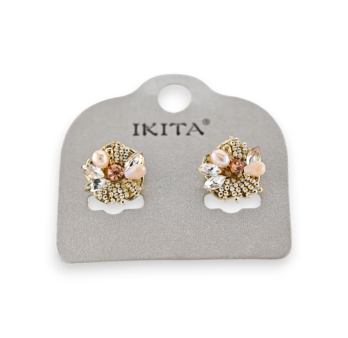 Gold metal earrings with embossed flowers and variety of beads by Ikita brand