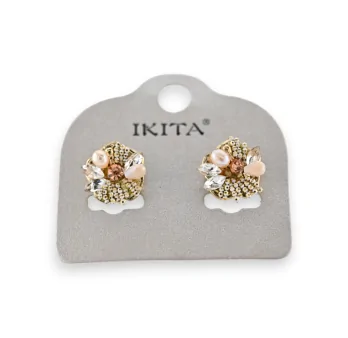 Gold-tone metal earrings with relief flower design and various pearls by Ikita brand